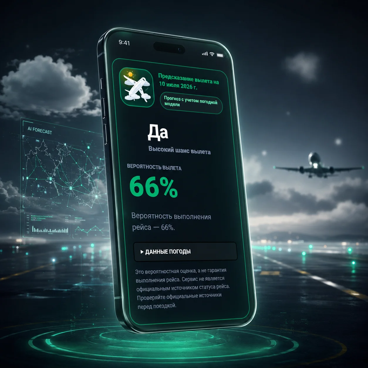 Визуализация сервиса flyforecast.ru на смартфоне